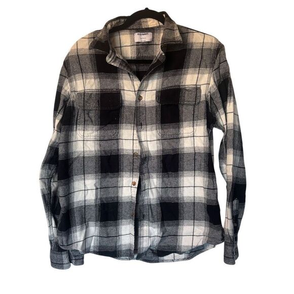 Old Navy Men's L Black & White Plaid Flannel Button-Up Shirt - Picture 1 of 7